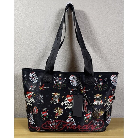 Ed Hardy Large Tote Zip Black Eve Print Chains Charms Logo Skull Heart Y2K NEW - Picture 1 of 9